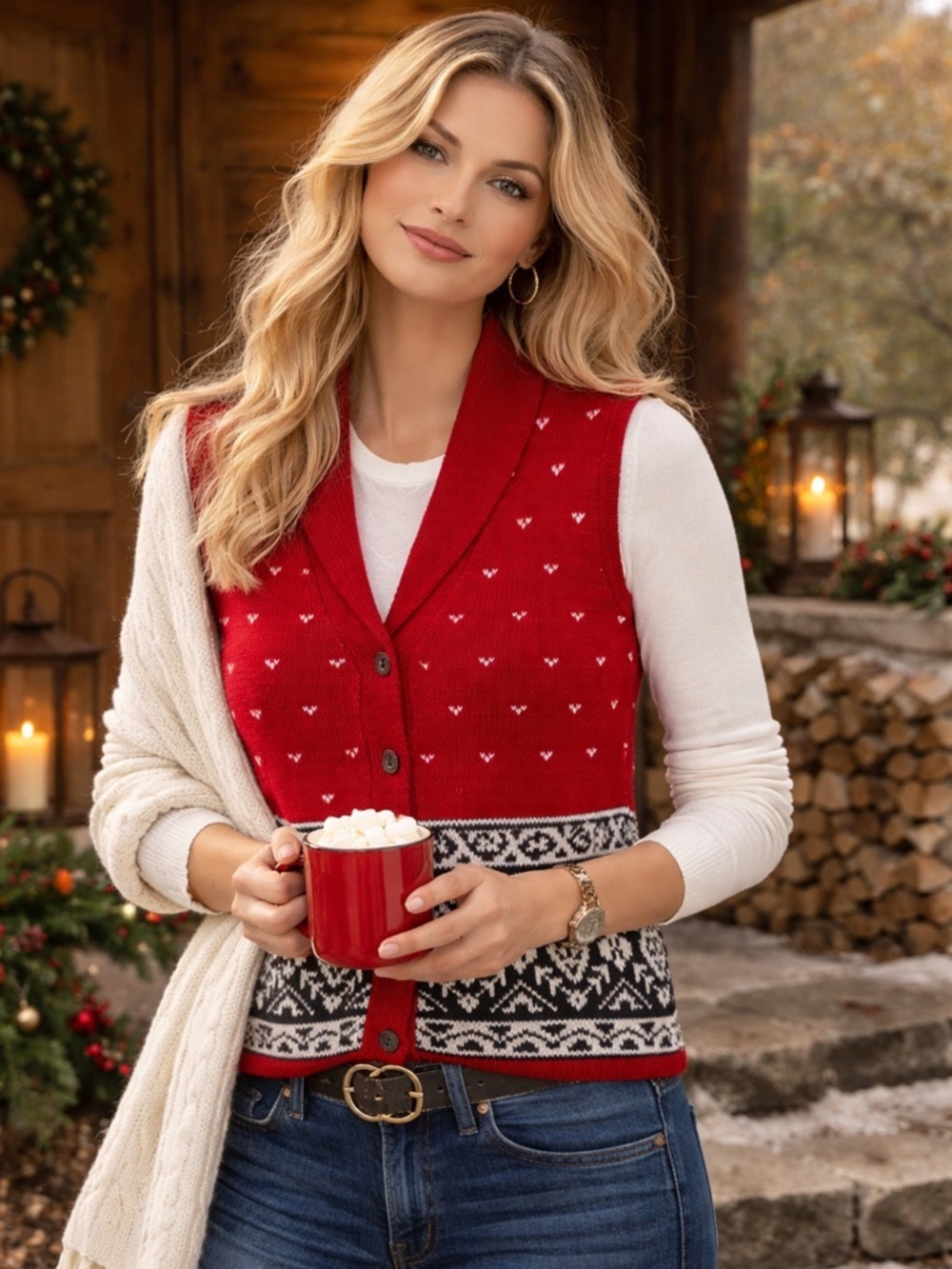 For Her Van Heusen Red Sweater Vest S Shawl Collar Button Front Fair Isle Hem